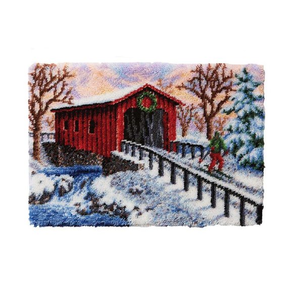Covered Bridge in Winter | Rug Making Latch Hooking Kit (52x38cm print canvas) - Picture 1 of 7